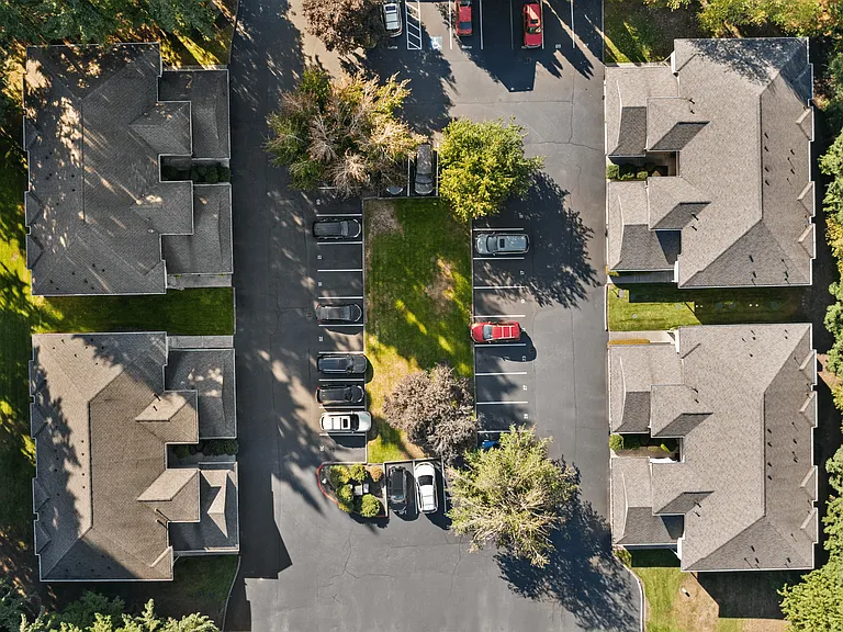 Aerial view highlighting the well-organized layout and parking at Mountain Park Townhomes.