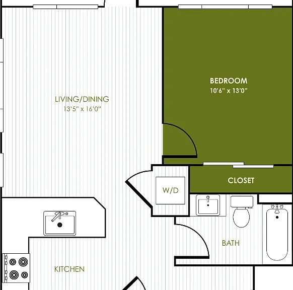 1 Bedroom 1 Bathroom F Floorplan Diagram