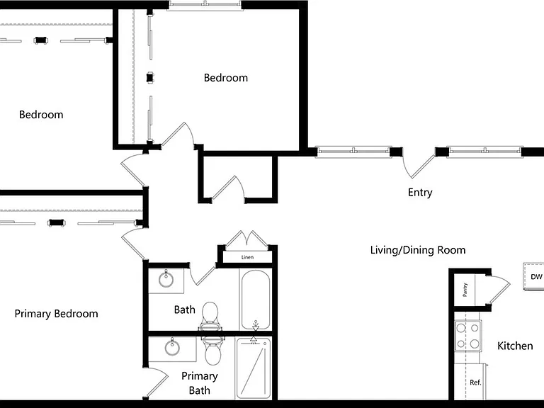 Inviting floor plan showcasing a spacious primary bedroom with en-suite bath, additional bedroom, modern kitchen, and open living/dining room area. Inviting floor plan showcasing a spacious primary bedroom with en-suite bath, additional bedroom, modern ki