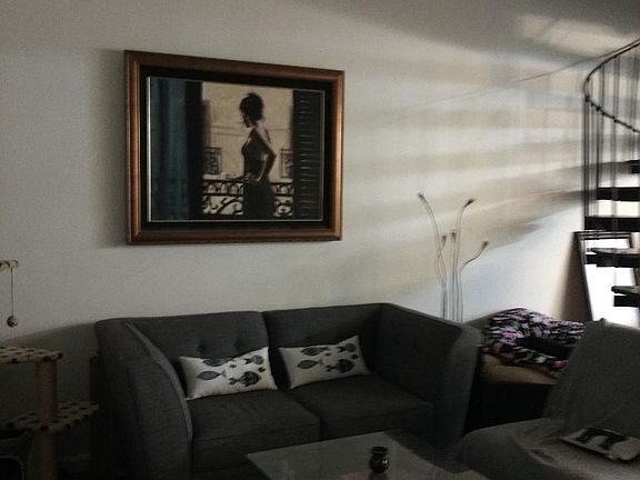 Open floor plan living room with vaulted ceilings. Large sliding door allows for abundant natural light.