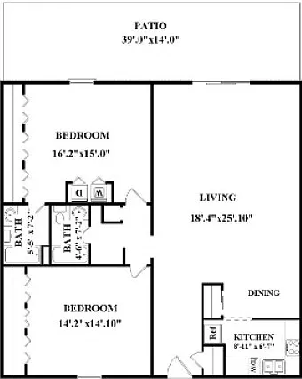 Two bedroom, two bathroom. Not all have washer/dryer connections or patio/balcony. Actual layout might be slightly different than floorplan shown. Two bedroom, two bathroom. Not all have washer/dryer connections or patio/balcony. Actual layout might be sl