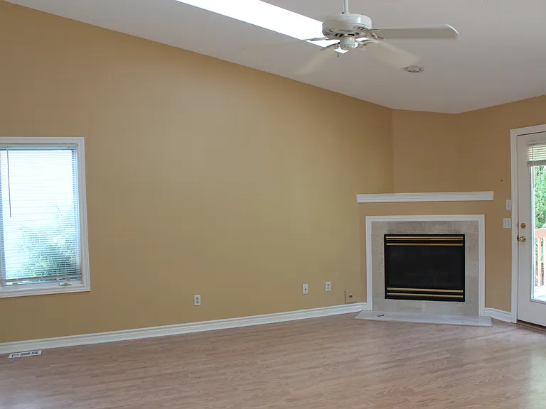 Living room gas fireplace and skylights