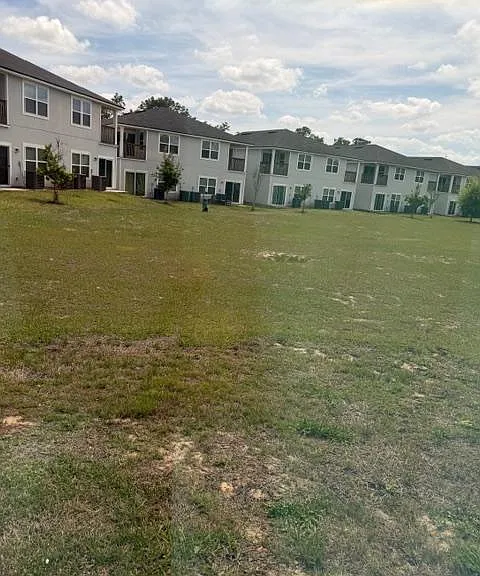 Spacious shared green space behind the building offers room for outdoor lounging, games, and community gatherings.