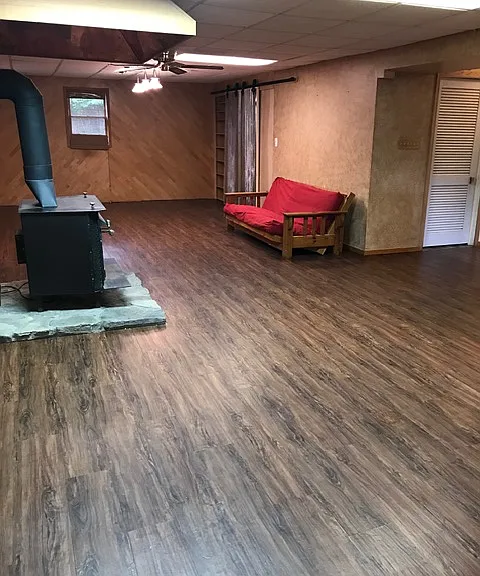 basement and wood burning stove