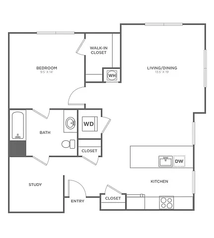 Floor plan One Bedroom One Bath (862 SF)