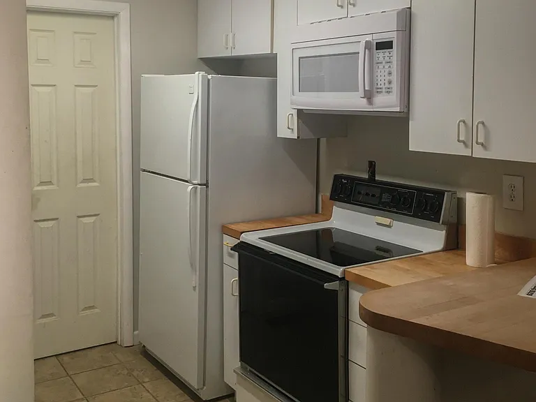 right side of kitchen, refridgerator, glasstop stove, microwave and high countertop in the foreground