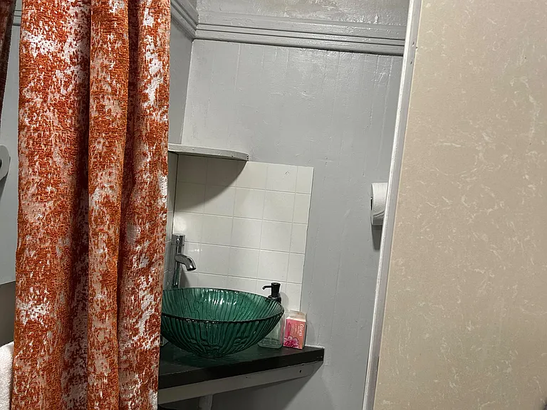 Bathroom vanity area with a vessel sink, countertop space for toiletries, and a shower with curtain for easy daily use.