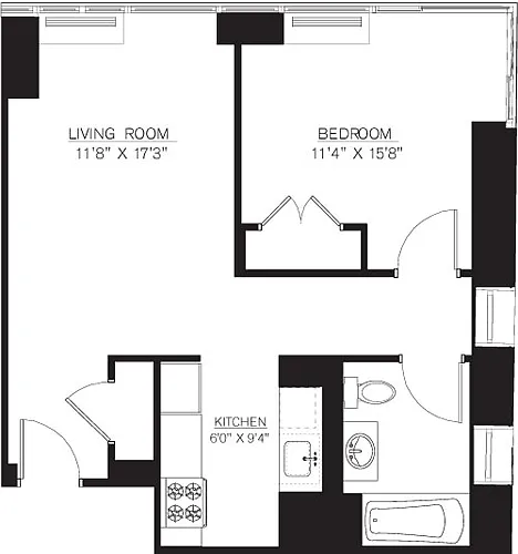 Floor plan 1 bedroom F Line floors 17-41