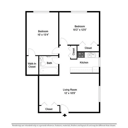 Floor plan 2 Bed 1 Bath Style C