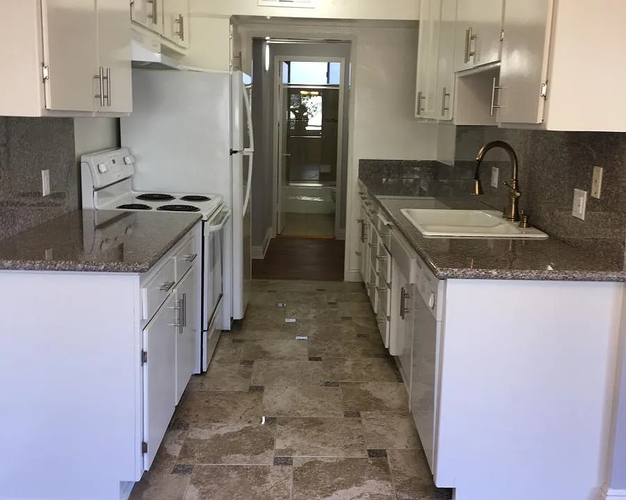 Kitchen floor tile combo of slate and granite squares. LED Lights