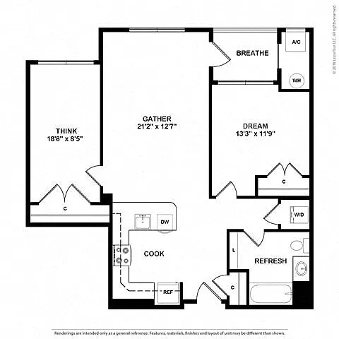 Floor plan 1T Den w/ Balcony