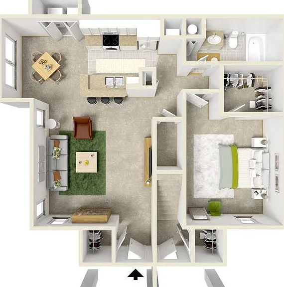 1 Bed/1 Bath Upstairs floor plan Hawthorne Village