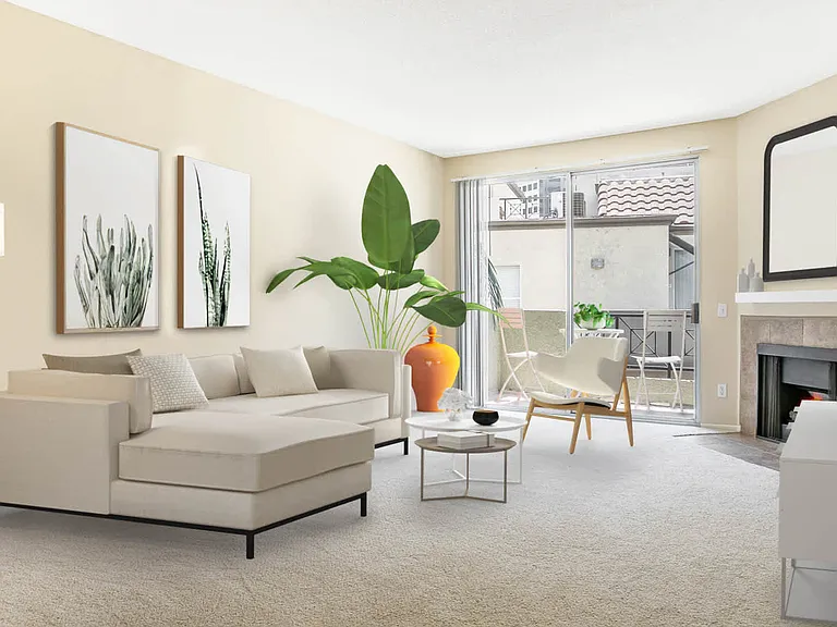 Living AreaLiving Room with Fireplace and Balcony