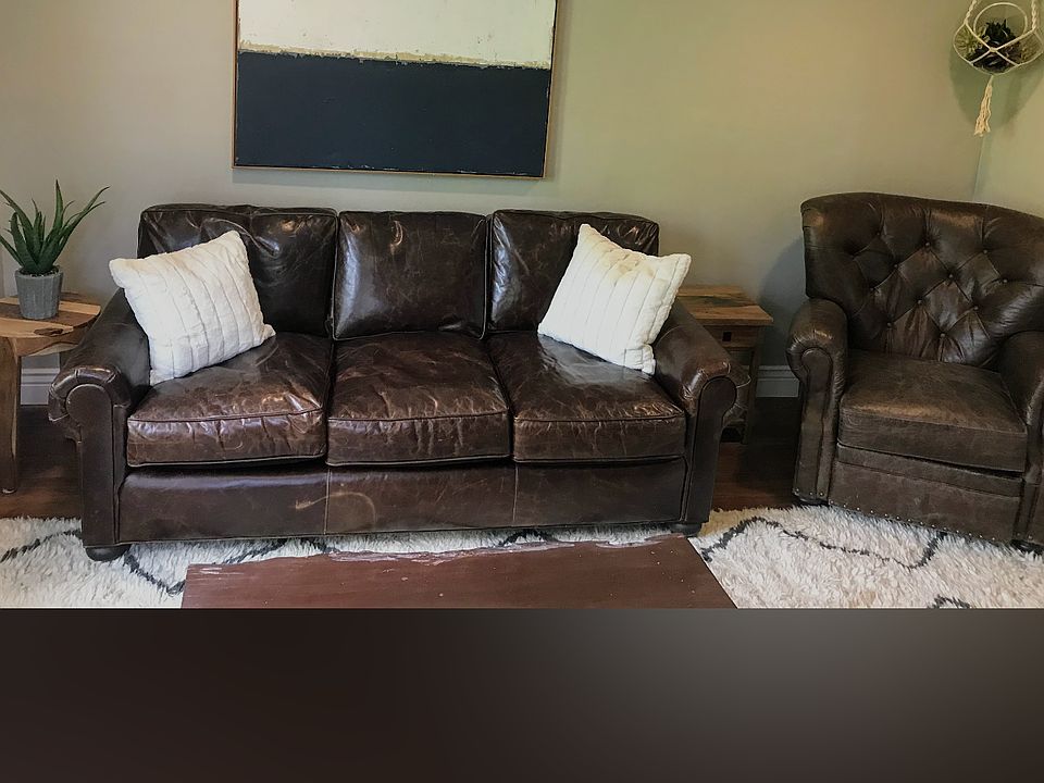 High end Pottery Barn leather furniture.