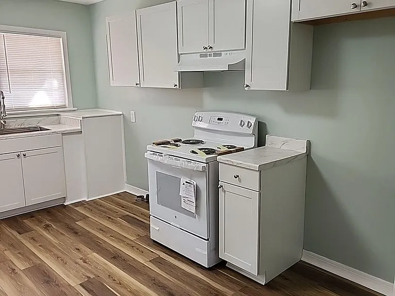 One side of kitchen cabinets