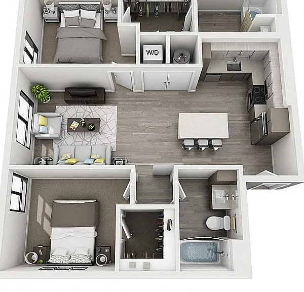 The Aviary Apartments 2x2 A 3D Floor Plan