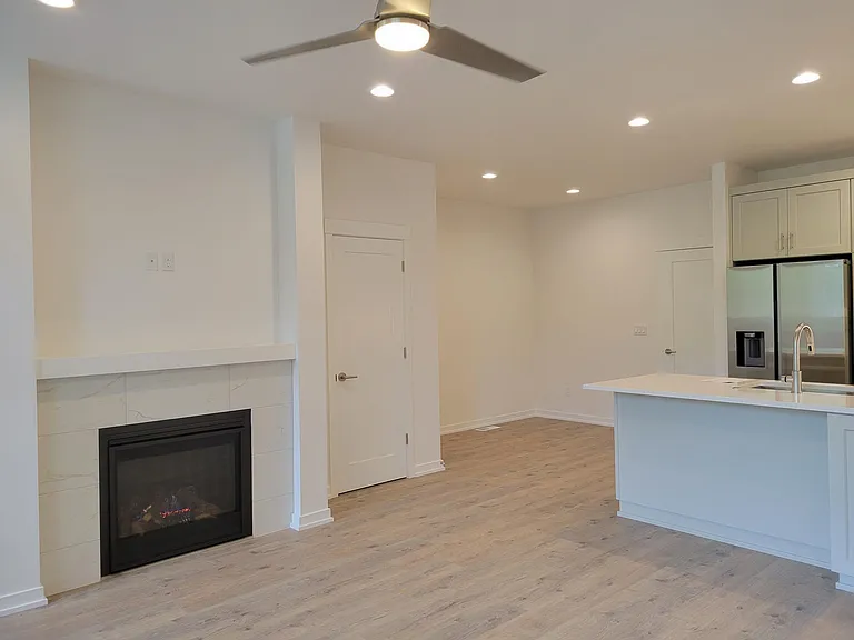 from the entry way viewing fireplace, closet and dining area