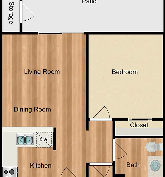 1 Bed 1 Bath Floorplan Diagram