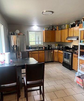 Large kitchen with eating area.