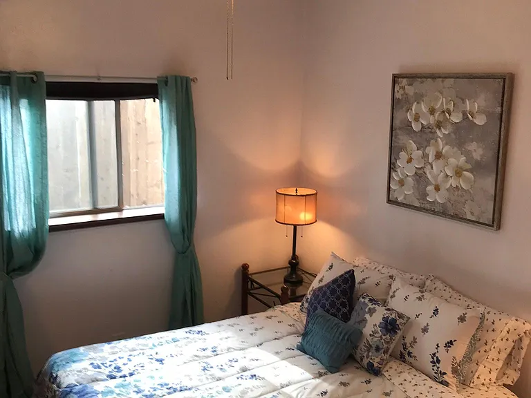 Spacious Queen bedroom with ceiling fan, 2 steps up to ensuite bath/dressing room/closet.