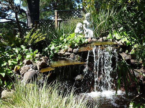 Snow White Falls are bio falls planted with lilies & azaleas.