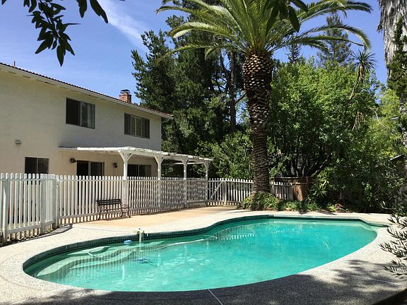 large pool and deck with huge palms
