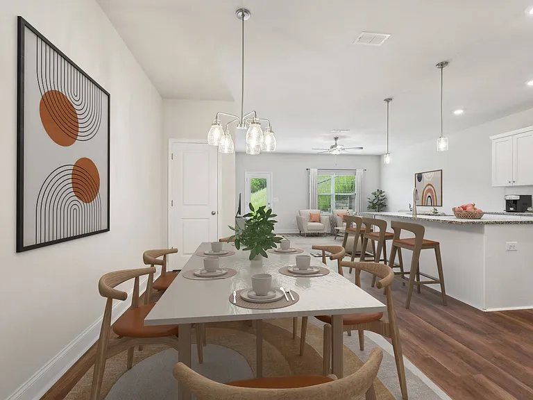 The intimate dining space elegantly set for six