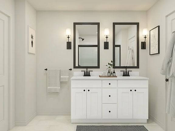 Primary bath with matte black fixtures and hardware