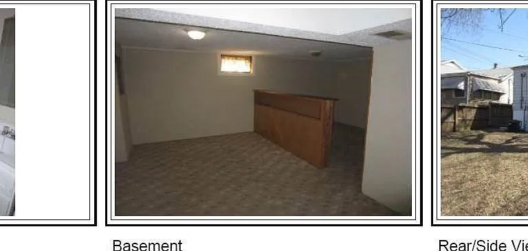 Bathroom, partially finished basement, and fenced backyard.