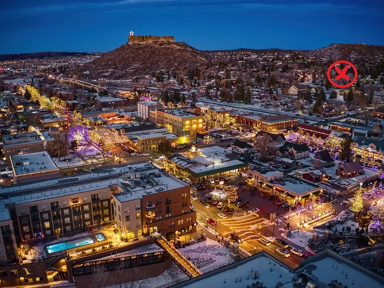 Downtown Castle Rock. X marks the house 5 blocks from downtown.