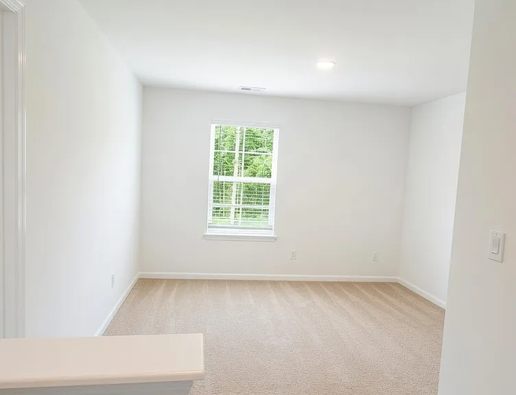 Bright loft or bonus room, featuring a large window with plantation shutters, soft carpet, and high ceilings.