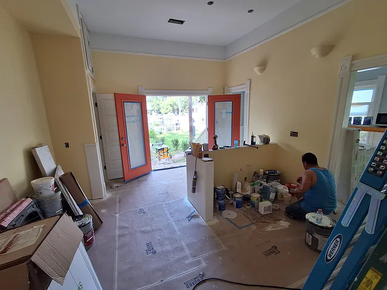 Kitchen all painted. Team working hard. Cabinets on site and ready to install. July 22