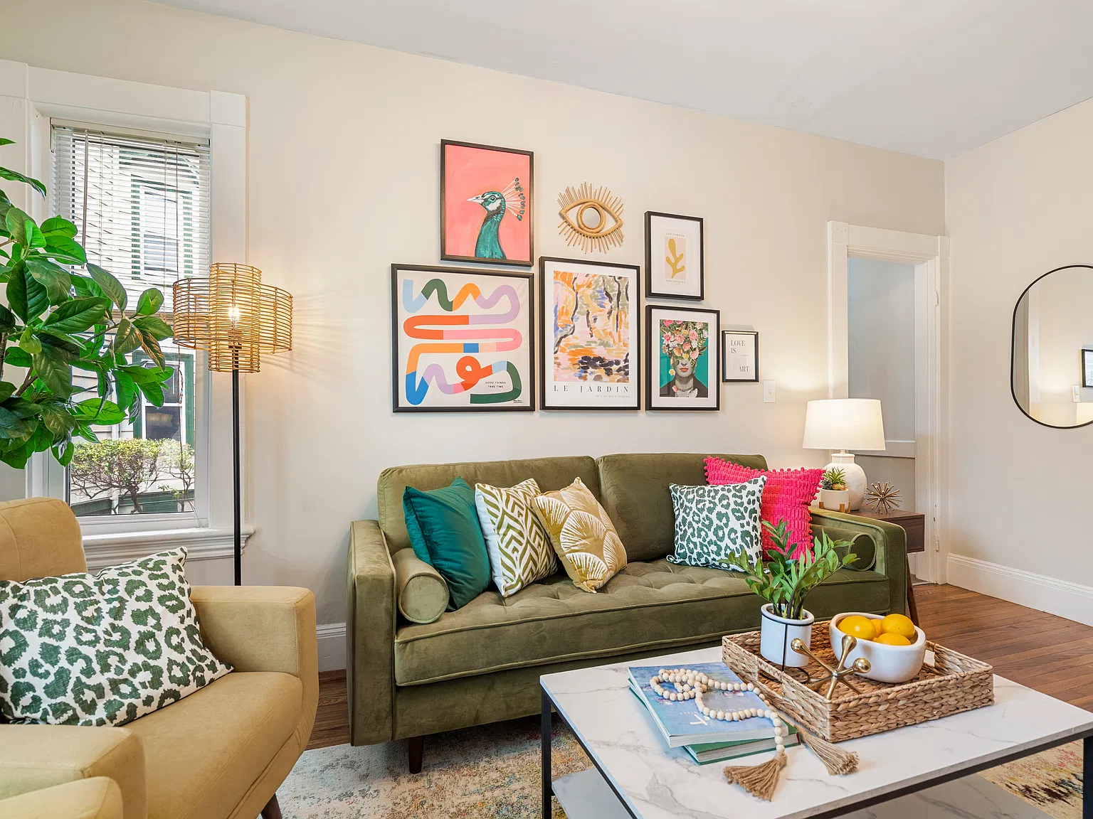 Enjoy all the handpicked art in this colorful living room