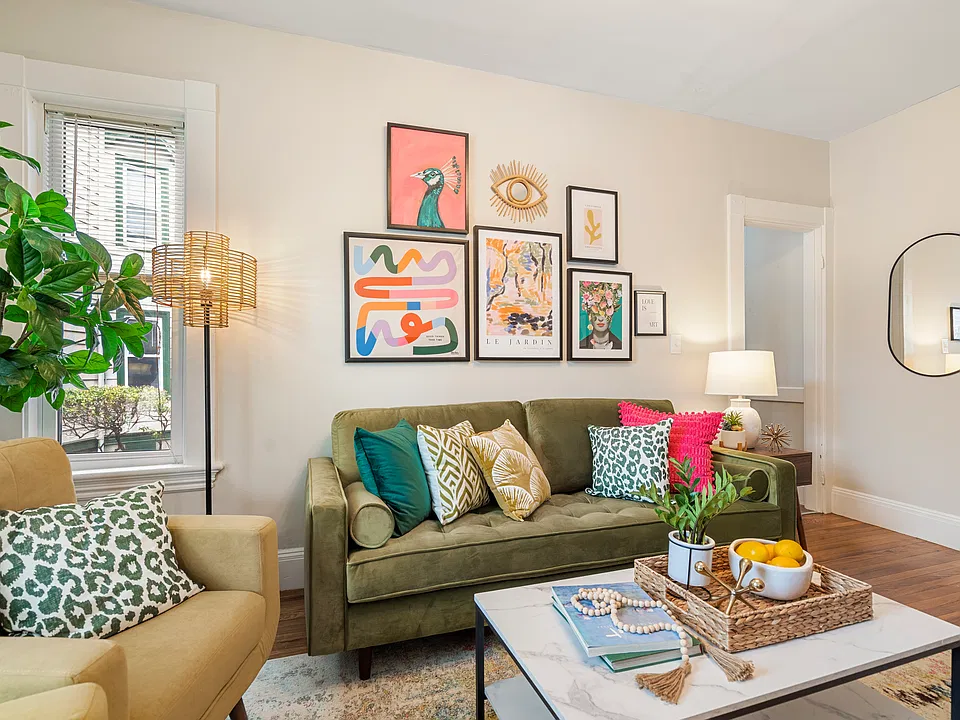 Enjoy all the handpicked art in this colorful living room