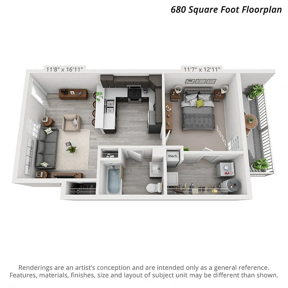 Floor plan 1 Bedroom First Level - 680sf