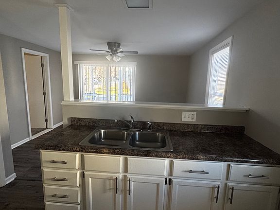 Kitchen view into dining area