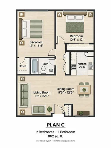 Floor plan 2 Bedroom 1 Bath