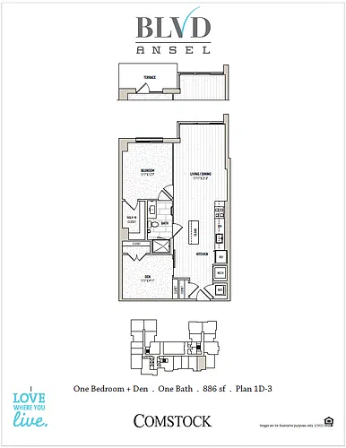 Floor plan 1 Bed/1 Bath Den-1D-3