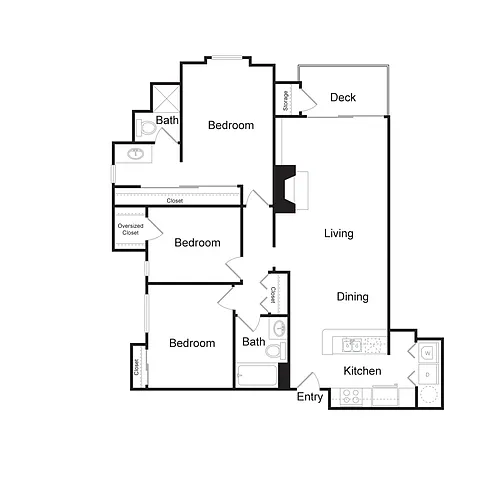 Floor plan Three Bedroom, Two Bathroom (1243 sq ft)