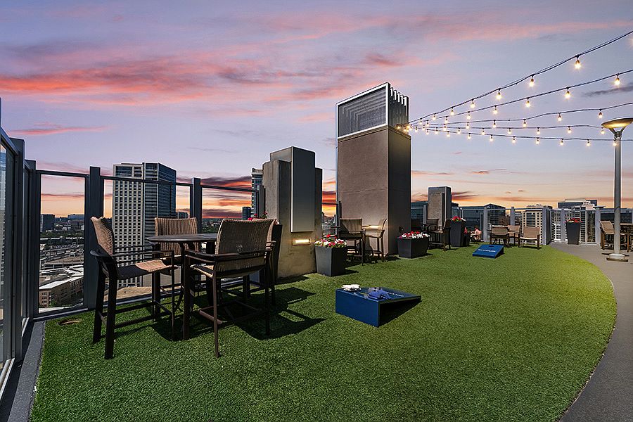 Enjoy a game of cornhole on the SkyDeck rooftop