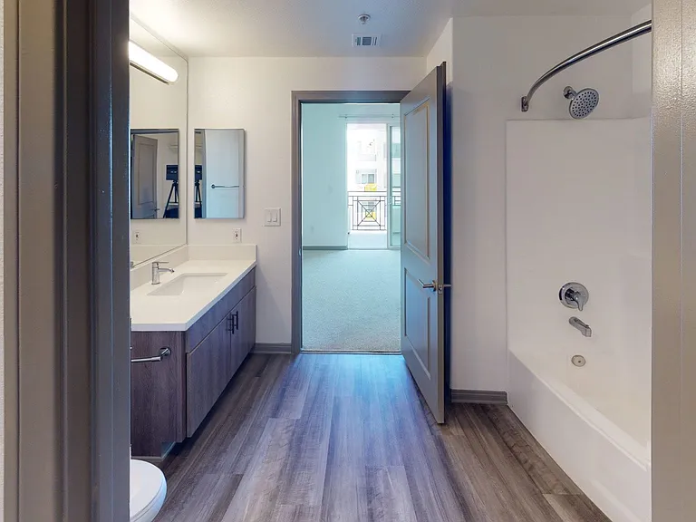 Apartment bathroom with wood-style flooring.