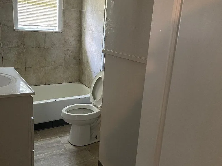 New light fixture, vinyl flooring and fresh look in the bathroom.