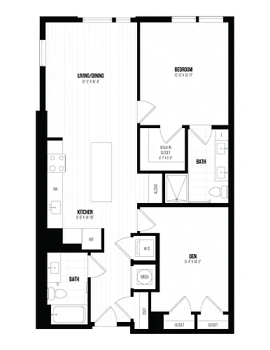 Floor plan 1 Bed/1 Bath Den- 1E+D