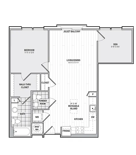 Floor plan 1Bed/1BathwDen-B2