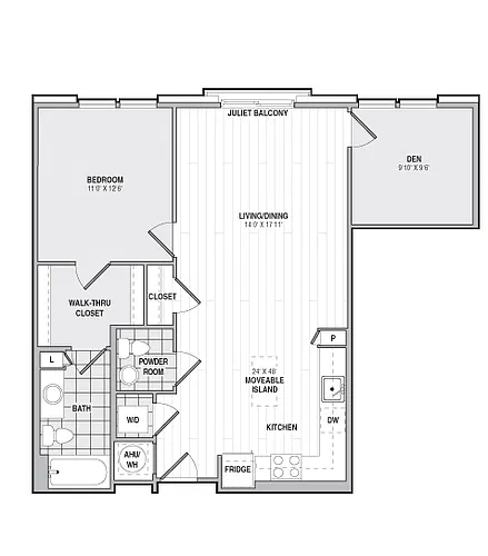 Floor plan 1Bed/1BathwDen-B2