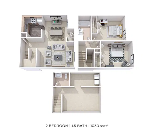 Floor plan Two Bedroom 1.5 Bath Townhome - 1,030 sqft