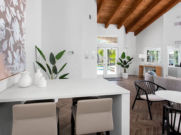 Resident lounge and leasing area with coworking spaces