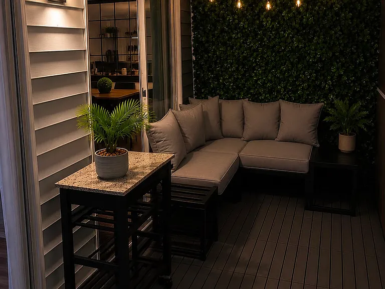 Spacious screened-in balcony overlooking beautiful green space and mature trees.