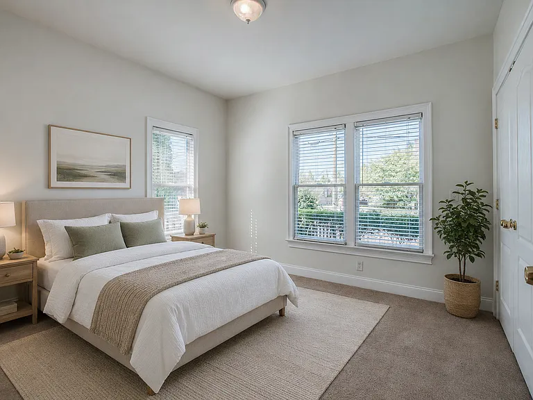 Guest Bedroom number one at front of house. Photos are virtually staged.
