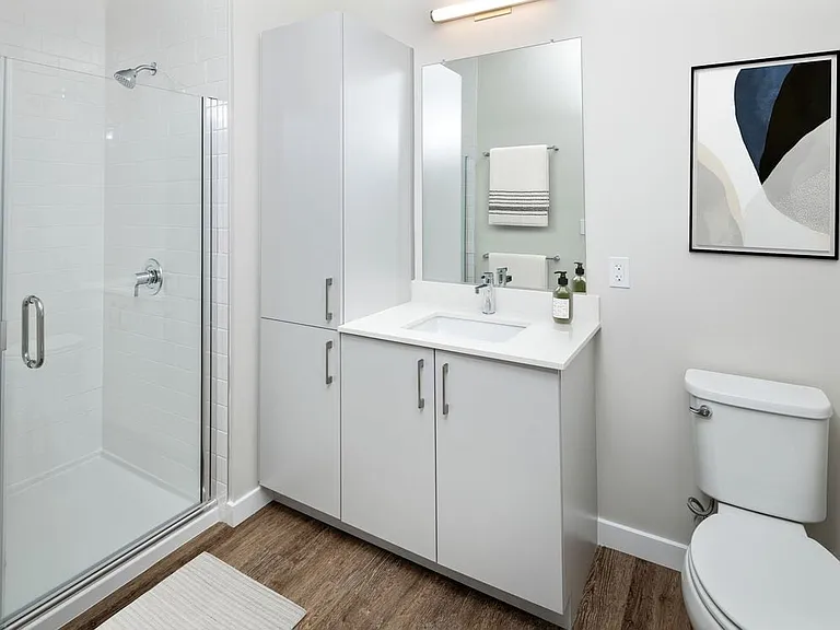 Bath with white quartz countertop, light grey cabinetry, and hard surface flooring